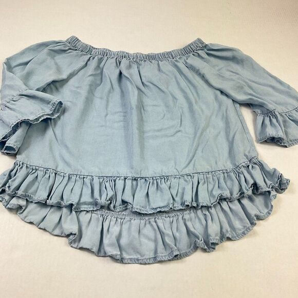 Jane and Delancey Off The Shoulder Top Blue Chambray 3/4 Sleeve Ruffled Shirt XS - Picture 2 of 11
